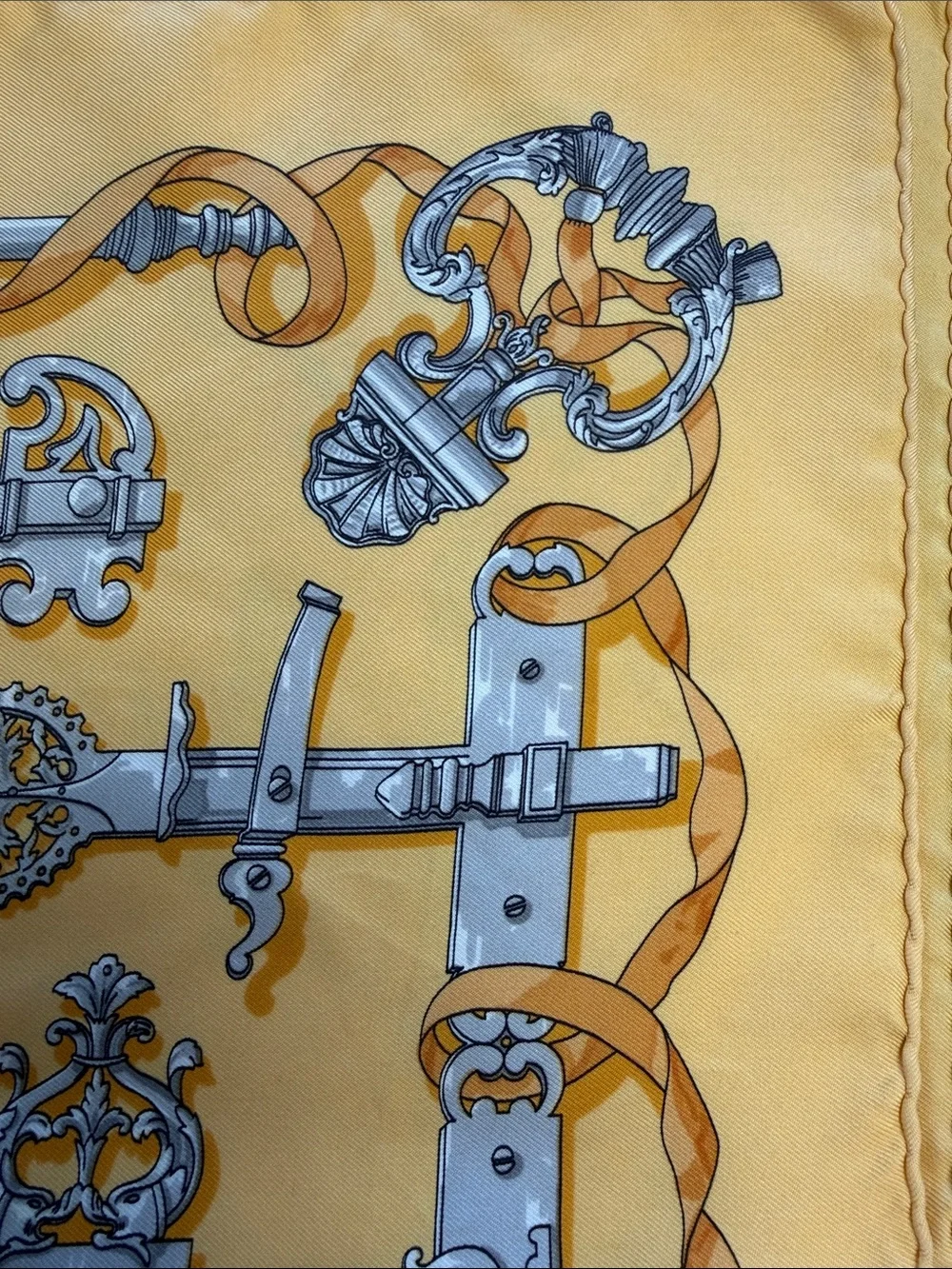 Hermes Yellow and Gray Decorative Hardware Print Silk Scarf